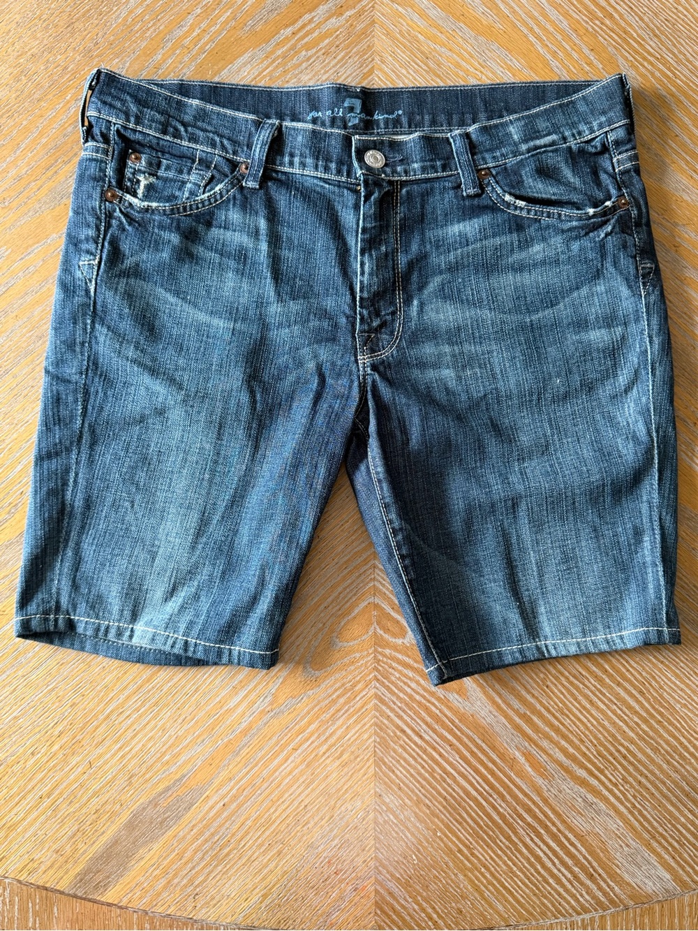 7 For All Mankind Denim Bermuda Shorts 28 Dark Wash Longline Jorts Y2K - Picture 2 of 8